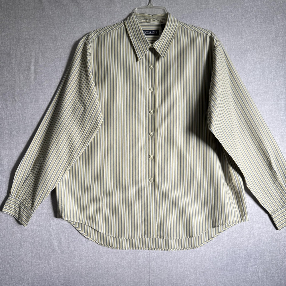 Lands'‎ End Shirt Womens 18 Beige Blue Striped Button Down Long Sleeve Classic